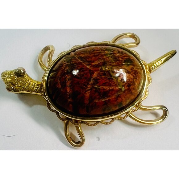 Vtg Krementz Gold-Turtle Brooch Pin Egyptian Revival Scarab 1.5" Unakite Brown - Picture 2 of 5